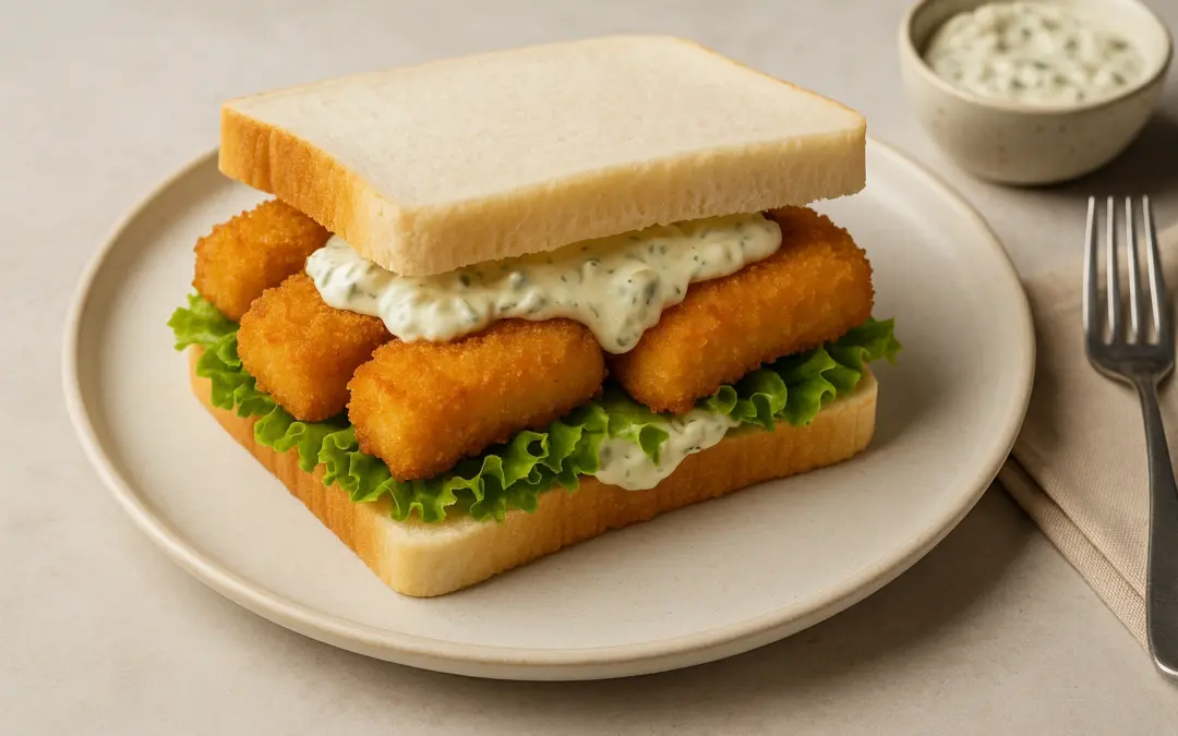 Fish finger sandwich in soft white bread with tartare sauce and lettuce, photographed for Donzella Wines’ UK Italian wine pairing guide to Fish Finger Sandwich