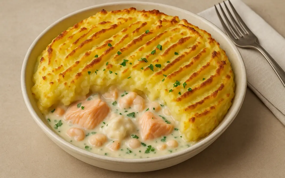 British fish pie with creamy mixed fish filling and golden mashed potato top, shown in Donzella Wines’ UK guide to the best wine with Fish Pie