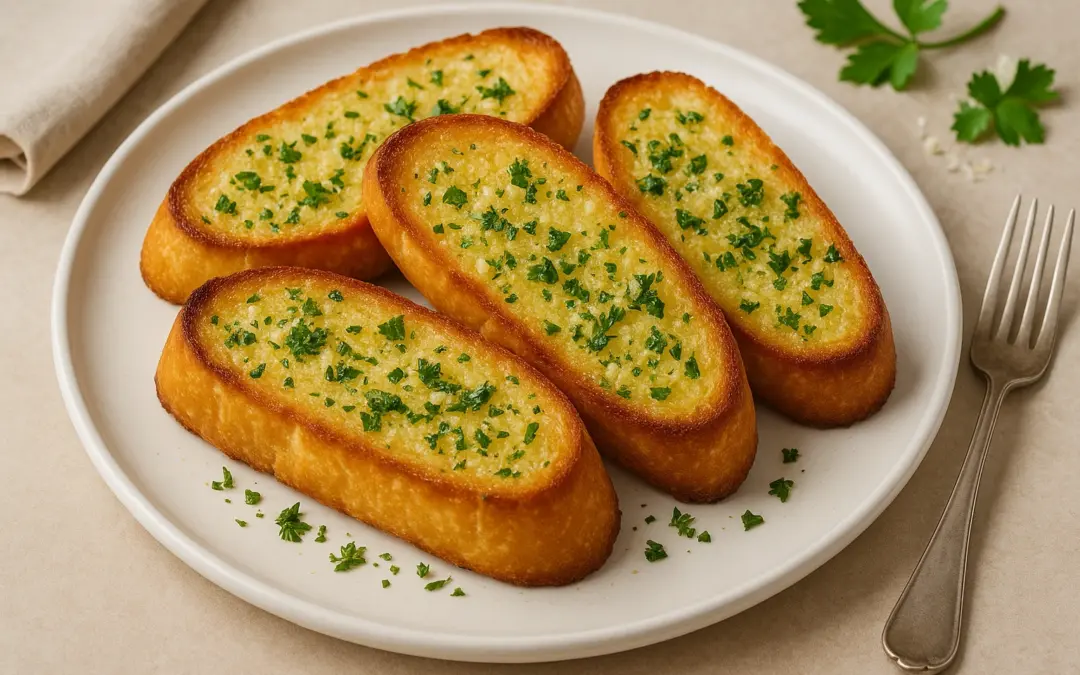 Golden garlic bread with melted butter, parsley and crisp edges, shown in Donzella Wines’ UK guide to the best wine with Garlic Bread
