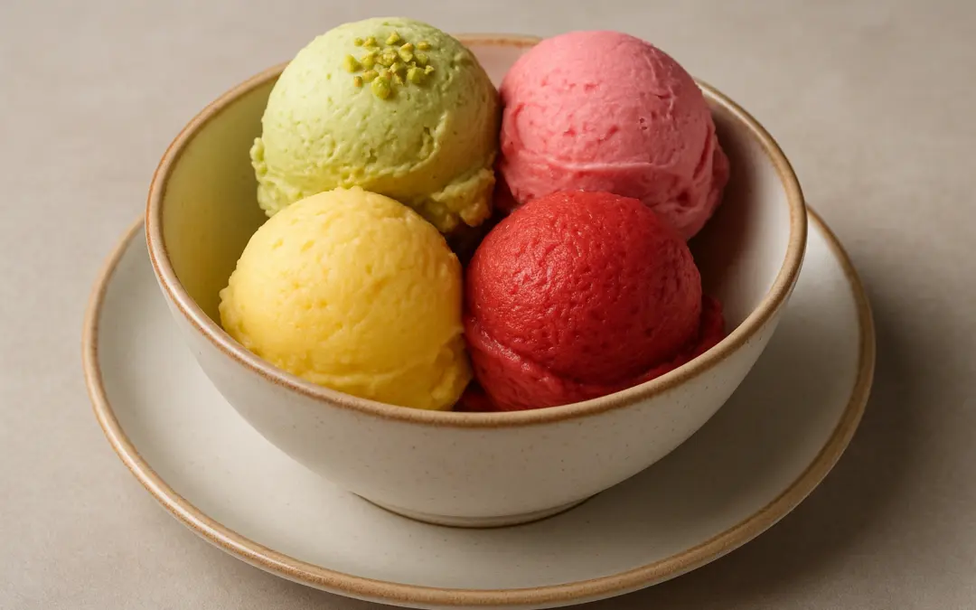 Assorted Italian gelato scoops in a ceramic cup with pistachio and fruit flavours, shown in Donzella Wines’ UK food and wine pairing guide for Gelato