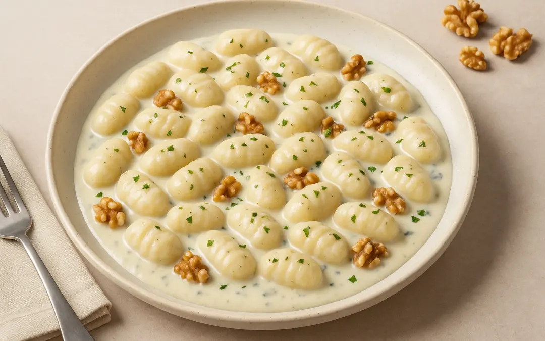 Potato gnocchi in creamy Gorgonzola sauce with walnuts, shown in Donzella Wines’ UK guide to the best wine with Gnocchi al Gorgonzola
