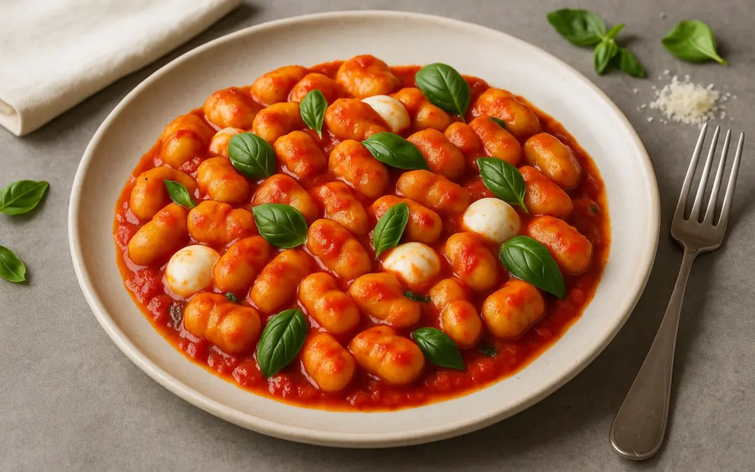 Baked potato gnocchi with tomato, mozzarella and basil, shown in Donzella Wines’ UK food and wine pairing guide for Gnocchi alla Sorrentina