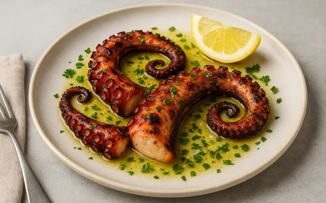Chargrilled octopus tentacles with lemon, olive oil and herbs, shown in Donzella Wines’ UK guide explaining what wine goes with Grilled Octopus