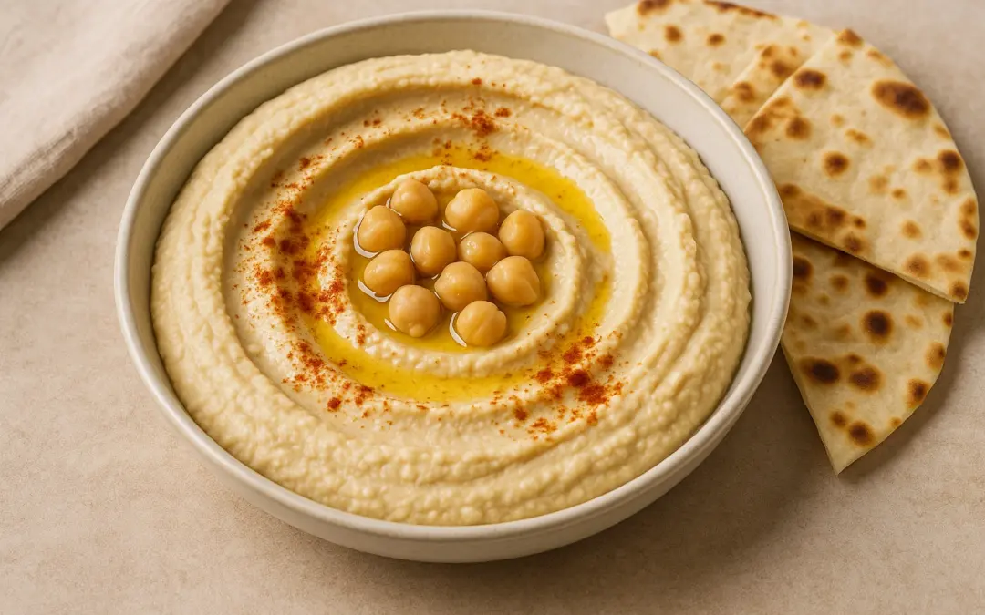 Bowl of creamy hummus with olive oil, chickpeas, paprika and flatbread, photographed for Donzella Wines’ UK Italian wine pairing guide to Hummus