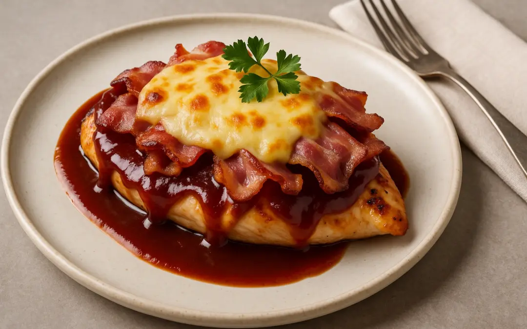 Chicken breast topped with barbecue sauce, bacon and melted cheese, shown in Donzella Wines’ UK guide to the best wine with Hunters Chicken
