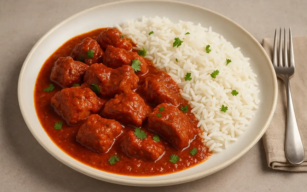 Lamb rogan josh with aromatic red sauce, coriander and rice, shown in Donzella Wines’ UK food and wine pairing guide for Lamb Rogan Josh