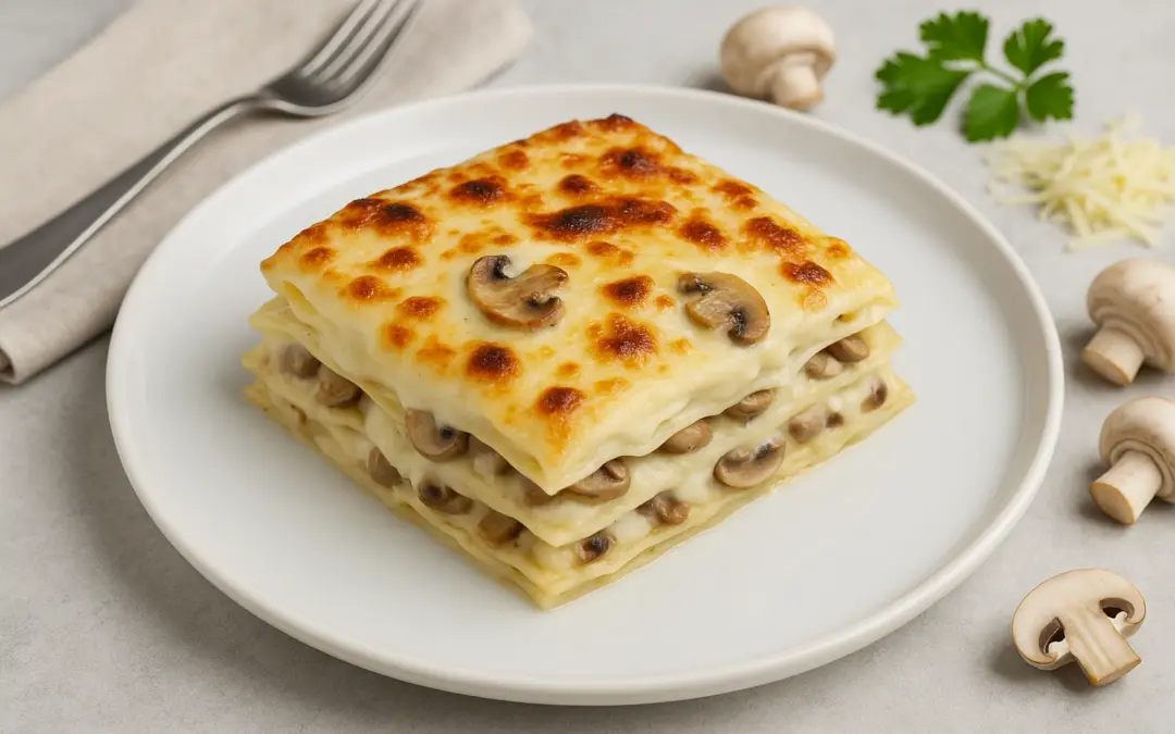White lasagne with bechamel, cheese, mushrooms and browned top, shown in Donzella Wines’ UK food and wine pairing guide for Lasagne Bianca
