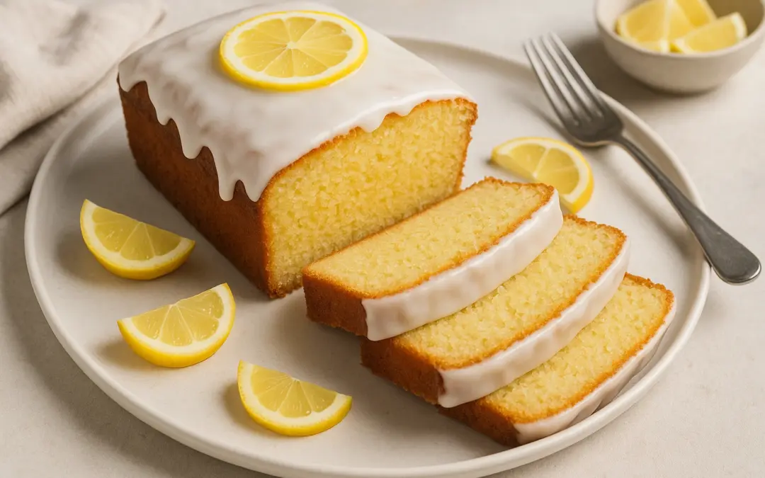 Lemon drizzle loaf cake with glossy lemon icing and slices, photographed for Donzella Wines’ UK Italian wine pairing guide to Lemon Drizzle Cake