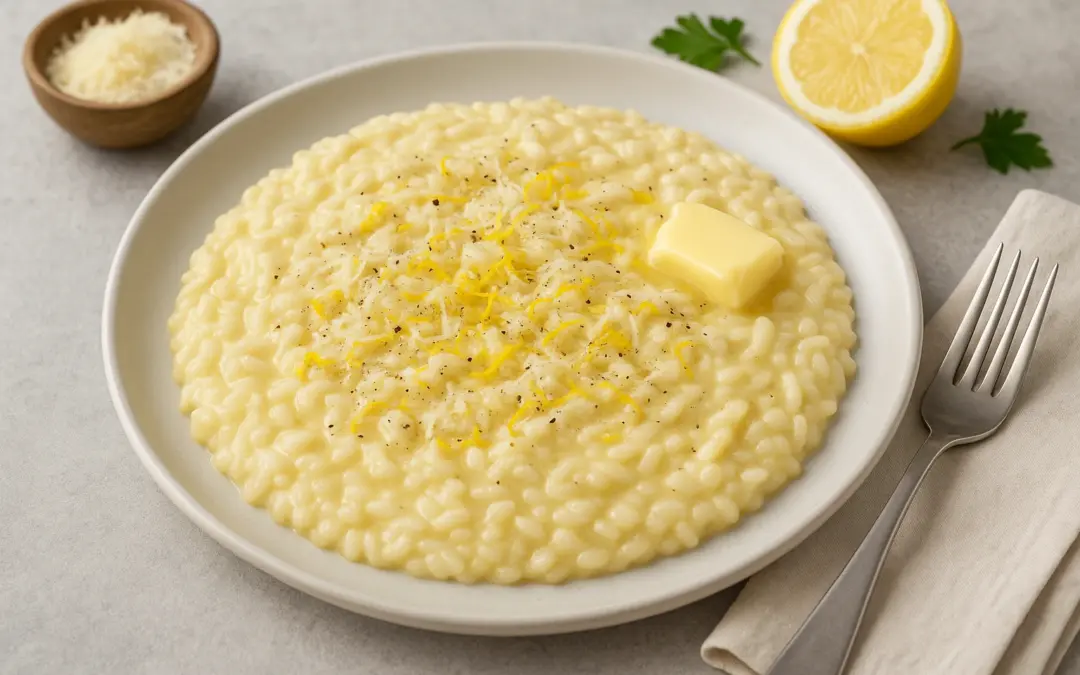Creamy lemon risotto with Parmesan, butter and lemon zest, shown in Donzella Wines’ UK food and wine pairing guide for Lemon Risotto