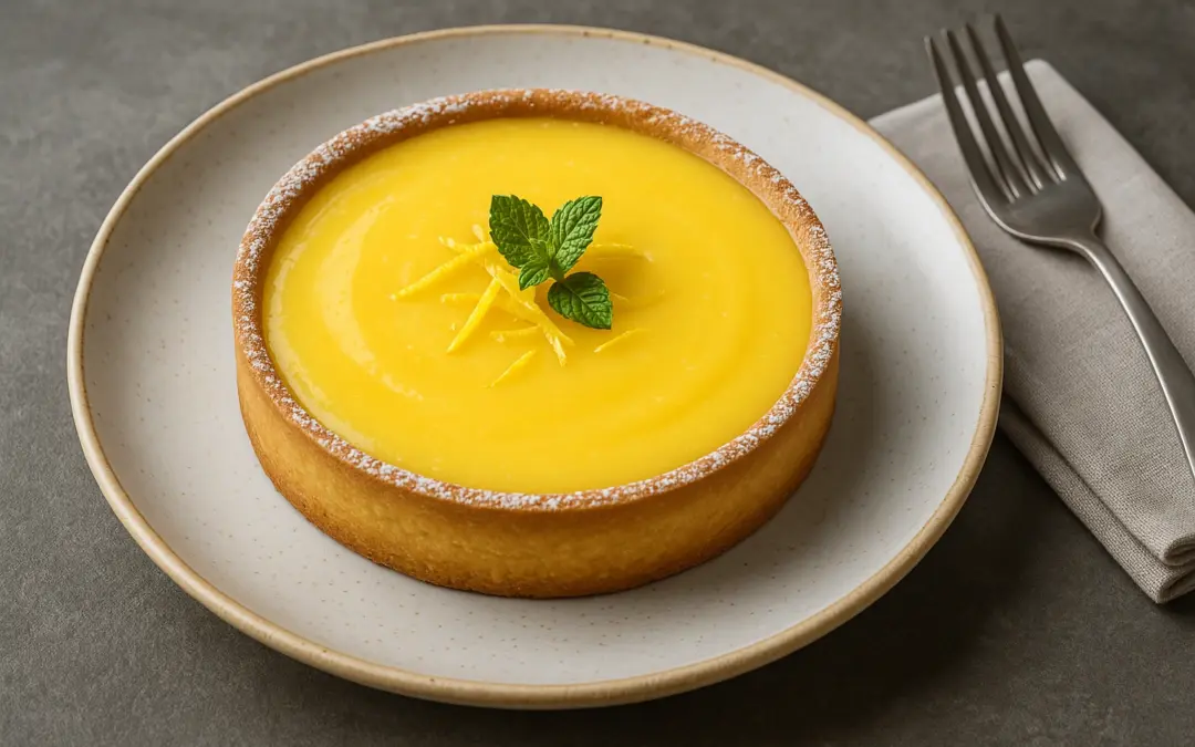 Elegant lemon tart with smooth lemon filling and crisp pastry, shown in Donzella Wines’ UK guide explaining what wine goes with Lemon Tart
