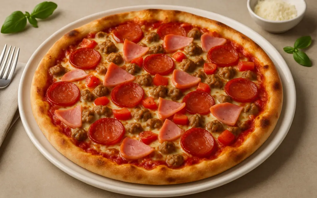 Meat feast pizza with pepperoni, ham, sausage, tomato and mozzarella, shown in Donzella Wines’ UK guide to the best wine with Meat Feast Pizza
