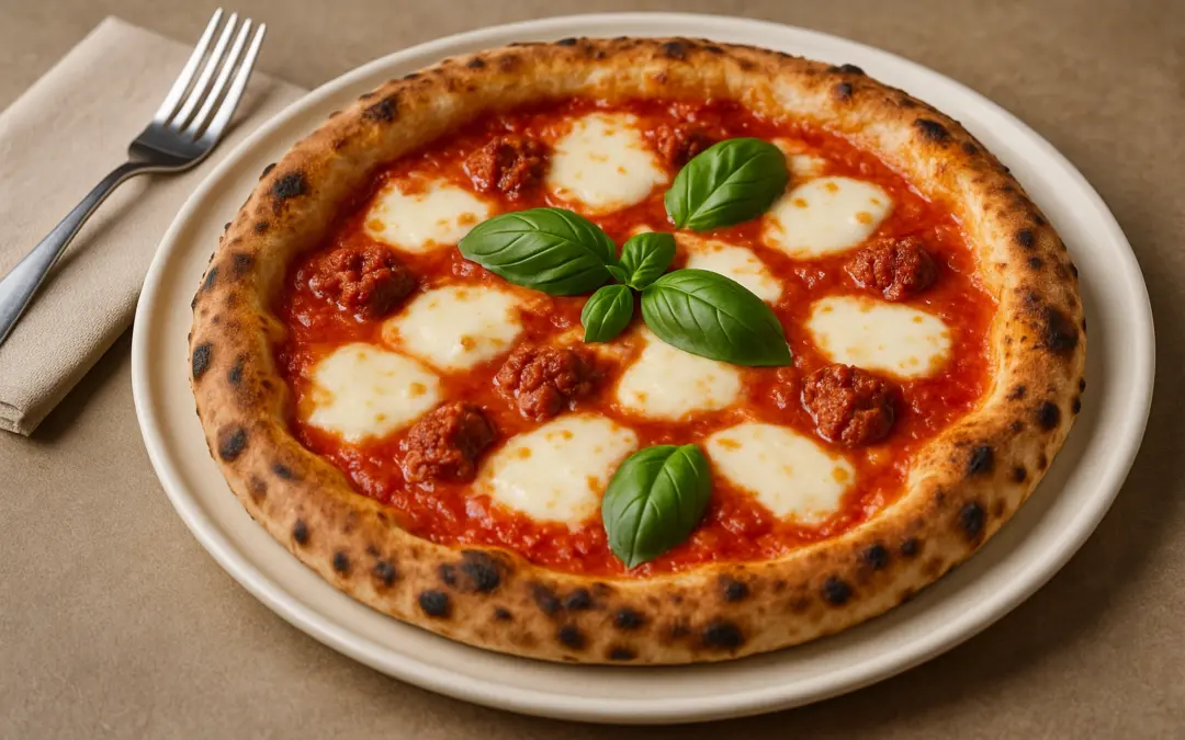 Pizza with tomato, mozzarella, spicy nduja and basil, shown in Donzella Wines’ UK guide explaining what wine goes with Nduja Pizza