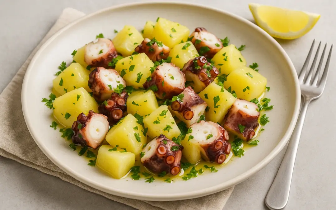 Italian octopus and potato salad with parsley, lemon and olive oil, photographed for Donzella Wines’ UK Italian wine pairing guide to Octopus Salad