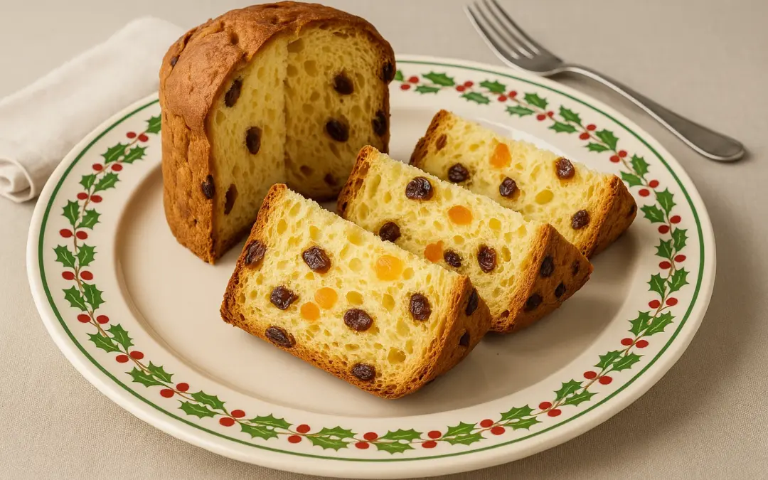Sliced panettone with candied citrus and raisins on a festive plate, shown in Donzella Wines’ UK guide explaining what wine goes with Panettone