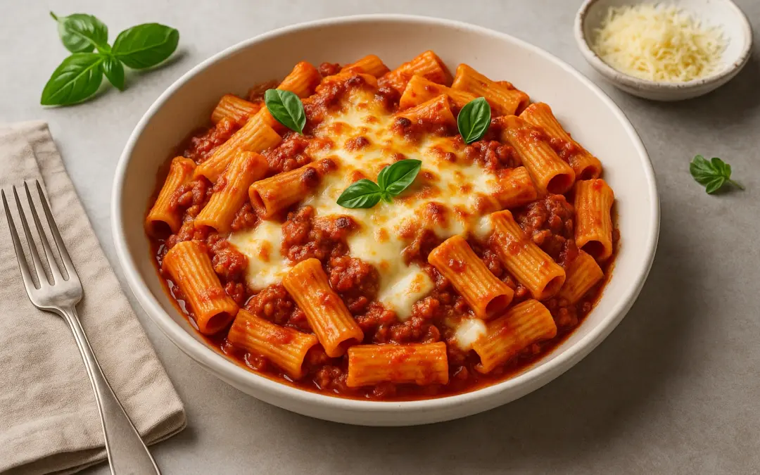 Baked pasta with tomato ragu, mozzarella and browned cheese, shown in Donzella Wines’ UK food and wine pairing guide for Pasta al Forno