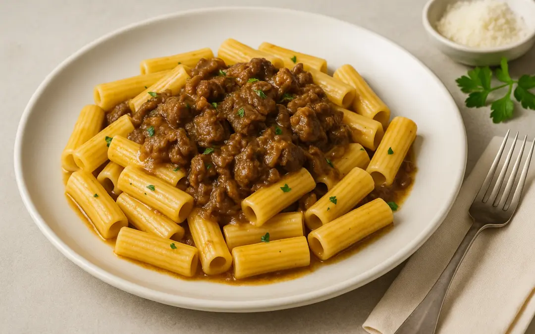 Ziti or rigatoni with slow-cooked onion and beef Genovese sauce, shown in Donzella Wines’ UK guide explaining what wine goes with Pasta alla Genovese