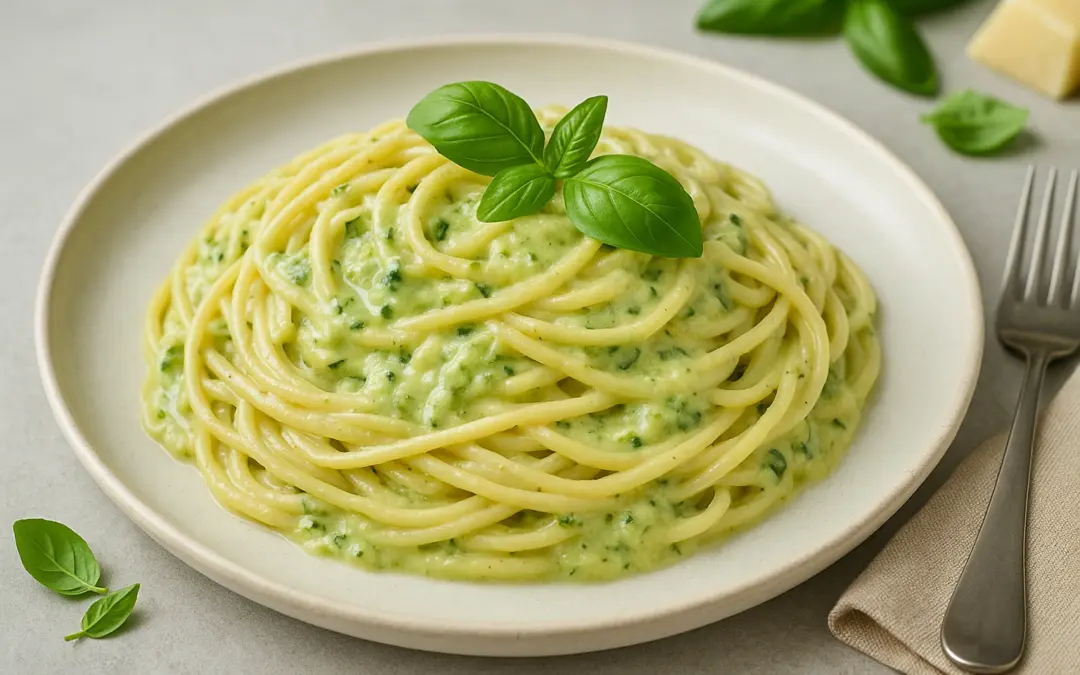 Spaghetti coated in glossy courgette and cheese sauce with basil, shown in Donzella Wines’ UK guide to the best wine with Pasta alla Nerano