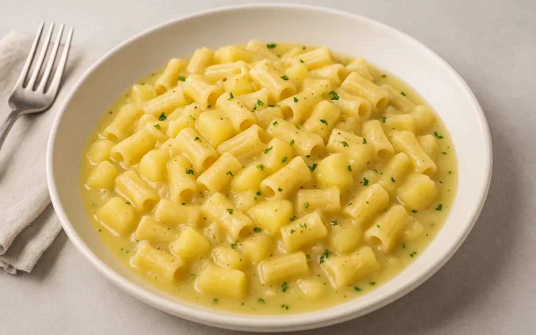 Neapolitan pasta and potatoes with creamy starchy sauce and herbs, shown in Donzella Wines’ UK guide to the best wine with Pasta e Patate