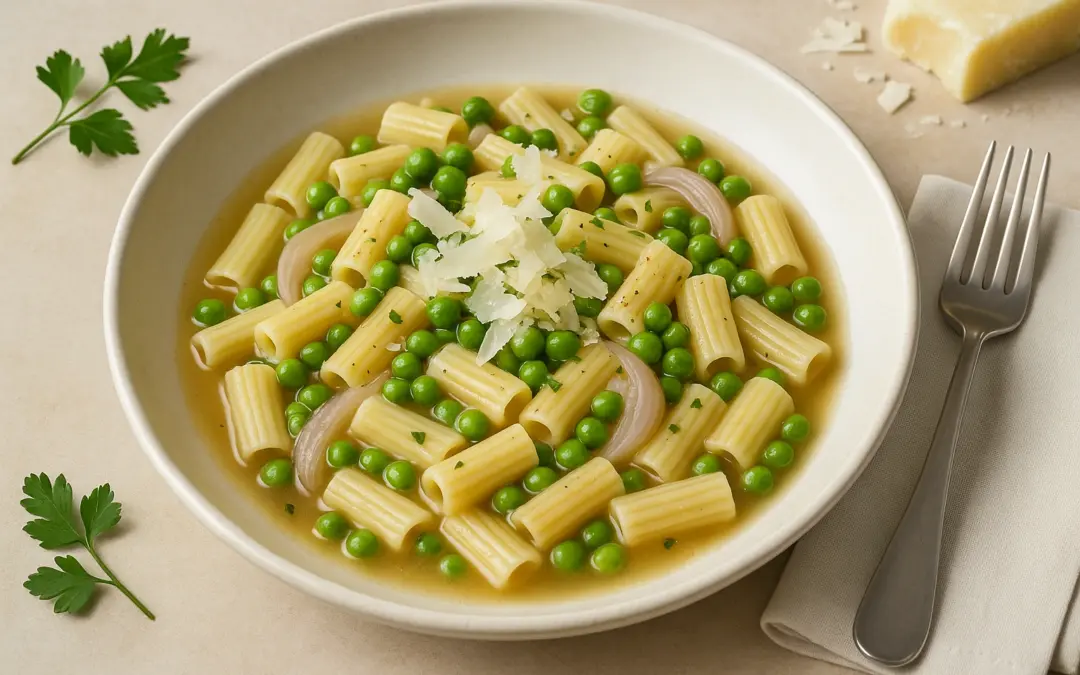 Short pasta with peas, onion, Parmesan and light broth, shown in Donzella Wines’ UK guide explaining what wine goes with Pasta e Piselli