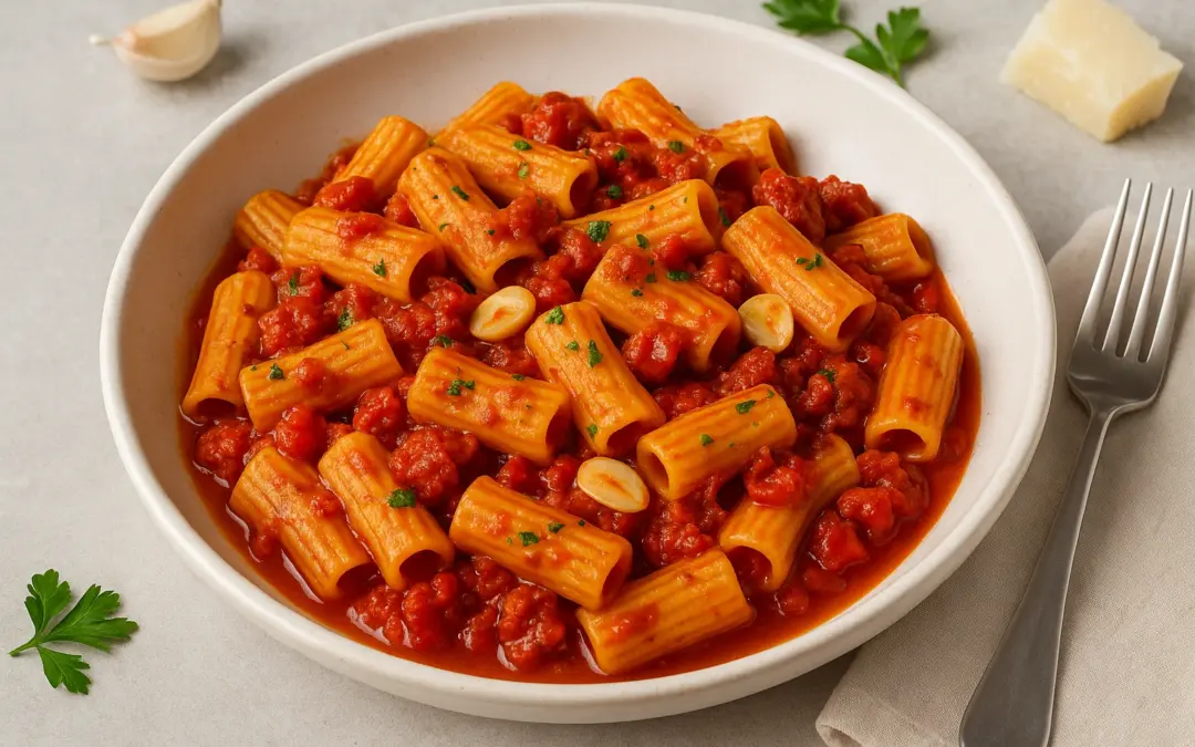 Pasta with spicy Calabrian nduja, tomato and garlic, shown in Donzella Wines’ UK food and wine pairing guide for Pasta with Nduja