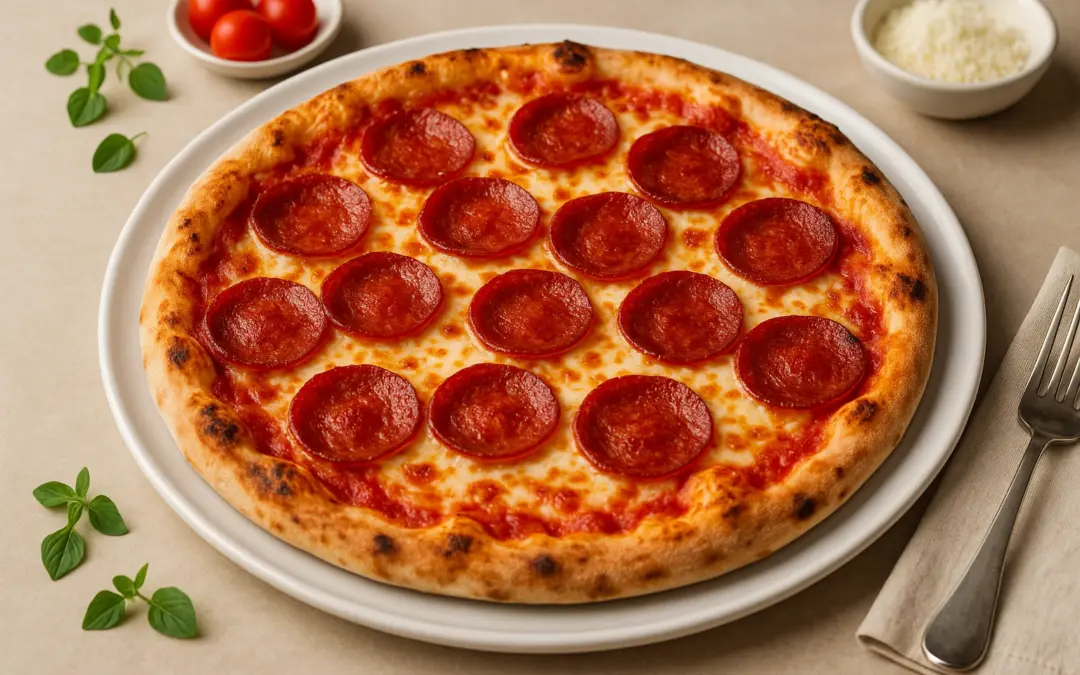 Pepperoni pizza with tomato, mozzarella and crisp-edged spicy salami, photographed for Donzella Wines’ UK Italian wine pairing guide to Pepperoni Pizza