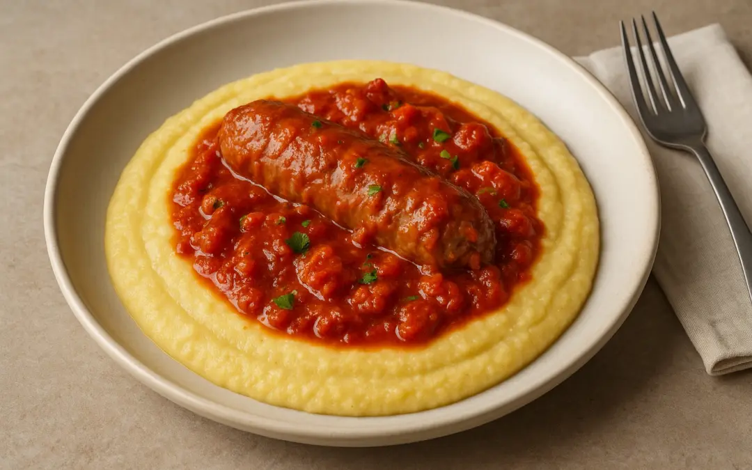 Soft polenta topped with Italian sausage and rich tomato gravy, shown in Donzella Wines’ UK guide explaining what wine goes with Polenta with Sausage