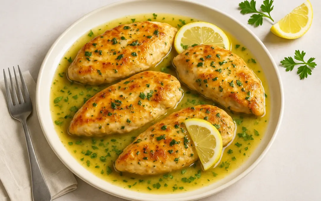 Pan-seared chicken in a light lemon and herb sauce, photographed for Donzella Wines’ UK Italian wine pairing guide to Pollo al Limone