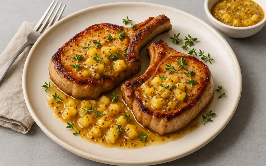Pan-seared pork chops with herbs and apple-mustard sauce, shown in Donzella Wines’ UK guide to the best wine with Pork Chops