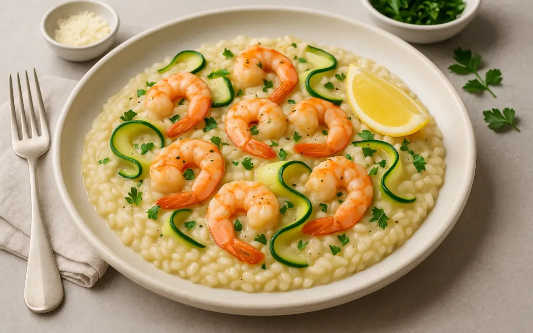 Creamy risotto with prawns, courgette ribbons, lemon and parsley, photographed for Donzella Wines’ UK Italian wine pairing guide to Prawn and Courgette Risotto