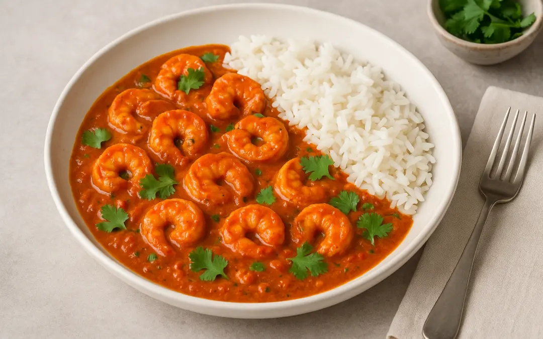 Prawn curry with spiced tomato-coconut sauce, coriander and rice, shown in Donzella Wines’ UK guide explaining what wine goes with Prawn Curry