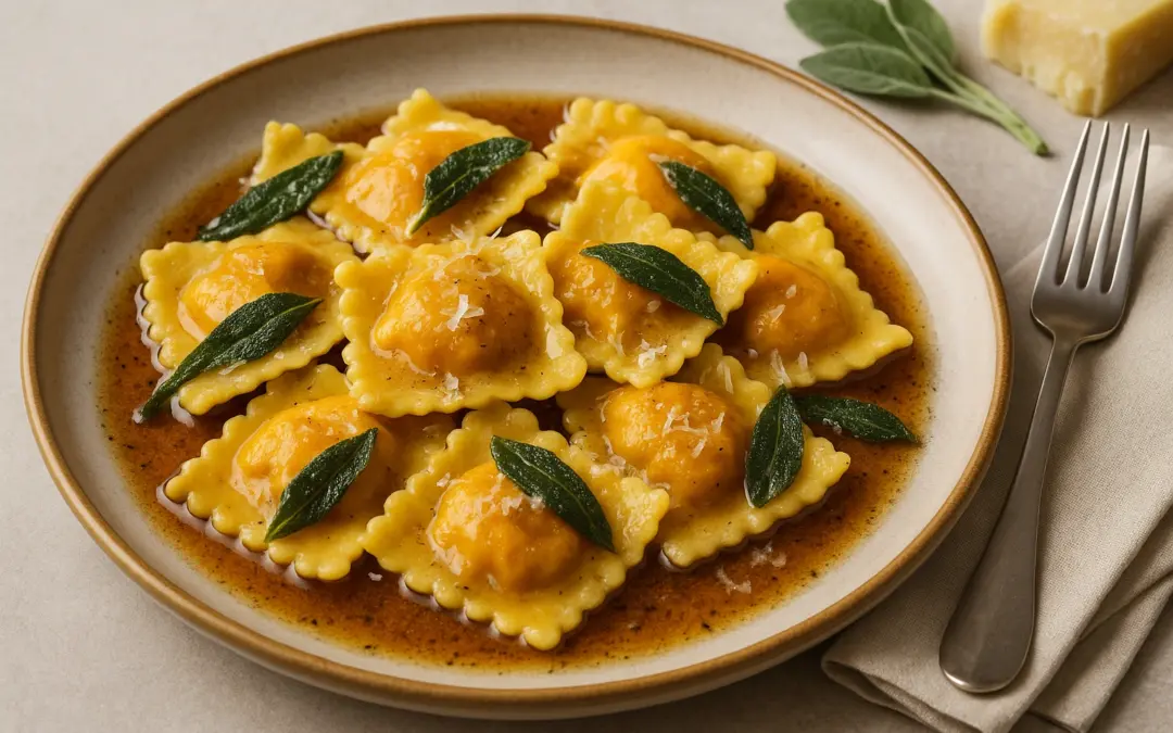 Pumpkin-filled ravioli with brown butter, sage and Parmesan, shown in Donzella Wines’ UK guide explaining what wine goes with Pumpkin Ravioli