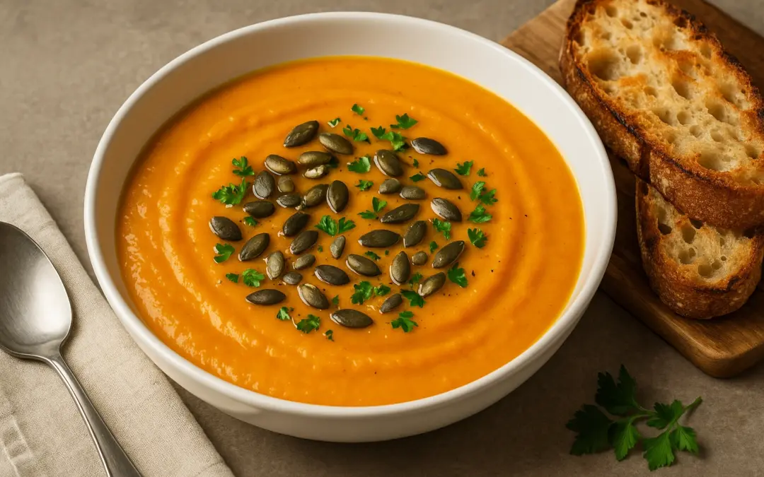 Creamy pumpkin soup with toasted seeds, herbs and crusty bread, shown in Donzella Wines’ UK guide to the best wine with Pumpkin Soup