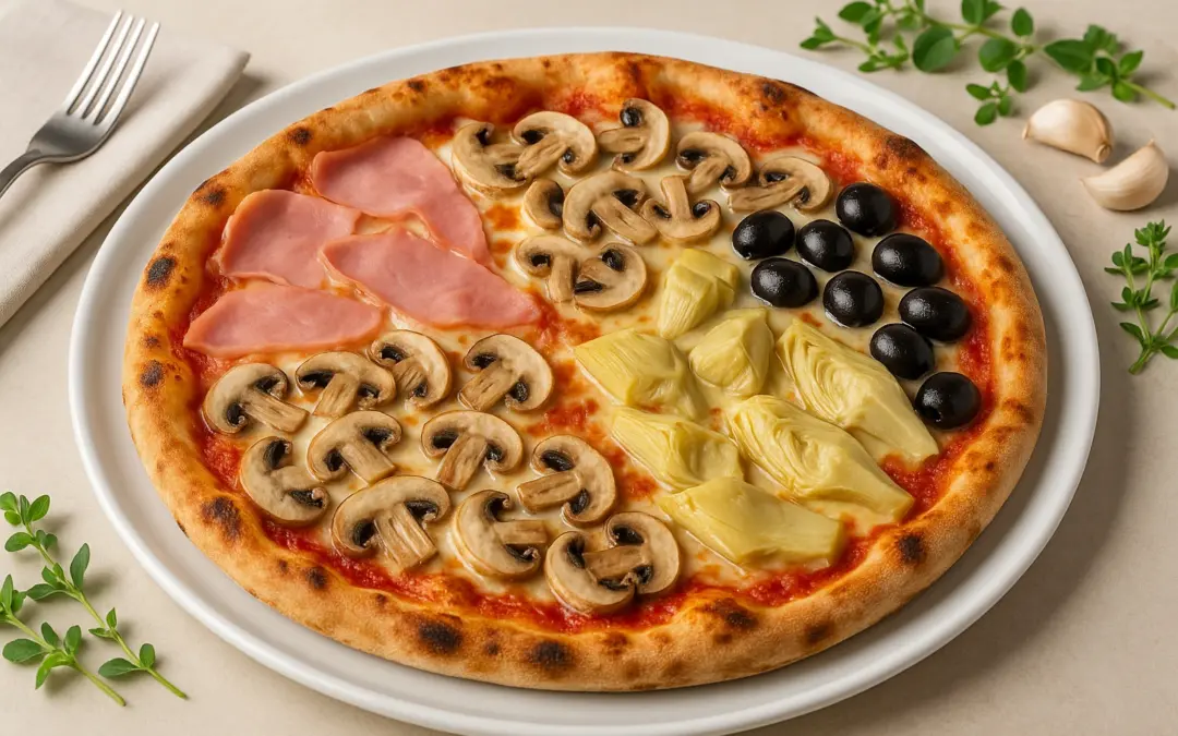 Four seasons pizza divided into ham, mushroom, artichoke and olive sections, shown in Donzella Wines’ UK guide to the best wine with Quattro Stagioni Pizza