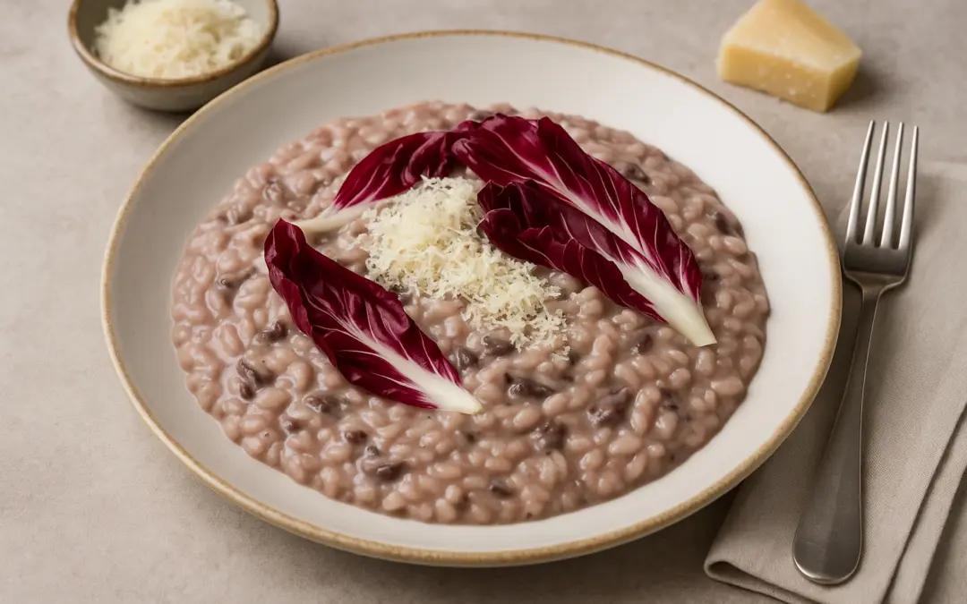 Creamy radicchio risotto with Parmesan and deep ruby leaves, shown in Donzella Wines’ UK guide to the best wine with Radicchio Risotto