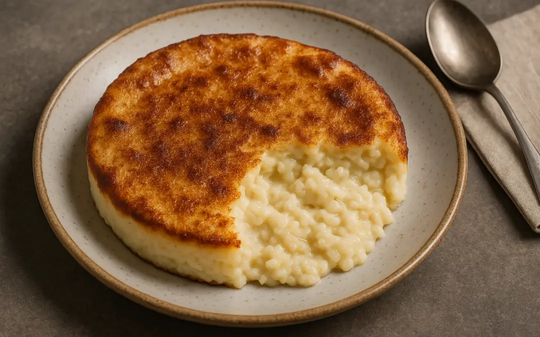 Baked rice pudding with nutmeg skin and creamy centre, shown in Donzella Wines’ UK guide to the best wine with Rice Pudding