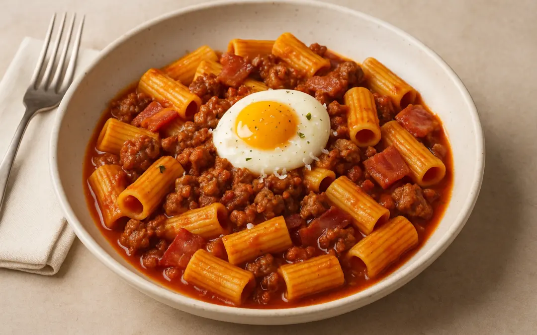 Rigatoni in a rich tomato, sausage, guanciale and egg sauce, photographed for Donzella Wines’ UK Italian wine pairing guide to Rigatoni alla Zozzona
