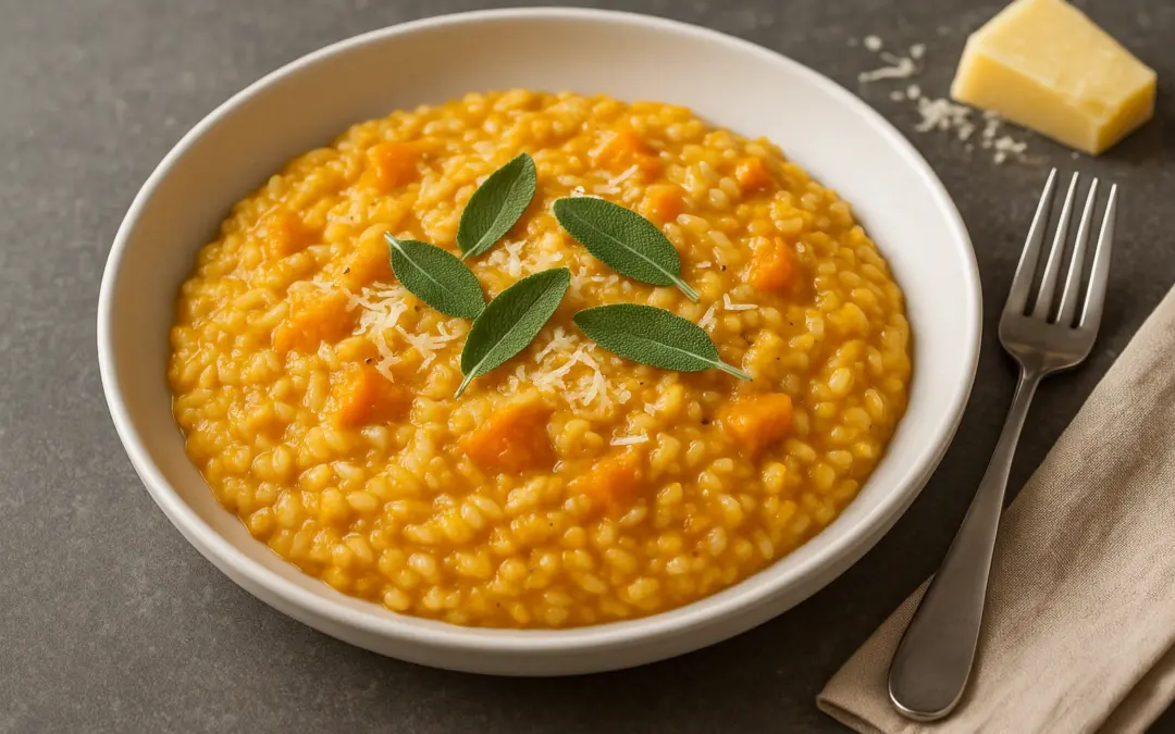 Creamy pumpkin risotto with sage and Parmesan, shown in Donzella Wines’ UK guide explaining what wine goes with Risotto alla Zucca