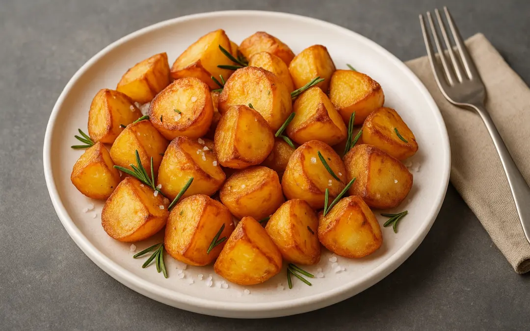 Golden crispy roast potatoes with rosemary and sea salt, shown in Donzella Wines’ UK food and wine pairing guide for Roast Potatoes
