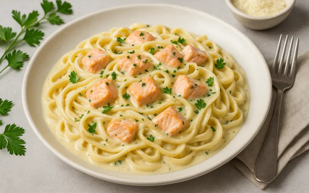 Pasta with salmon, herbs and a light creamy sauce, shown in Donzella Wines’ UK guide explaining what wine goes with Salmon Pasta