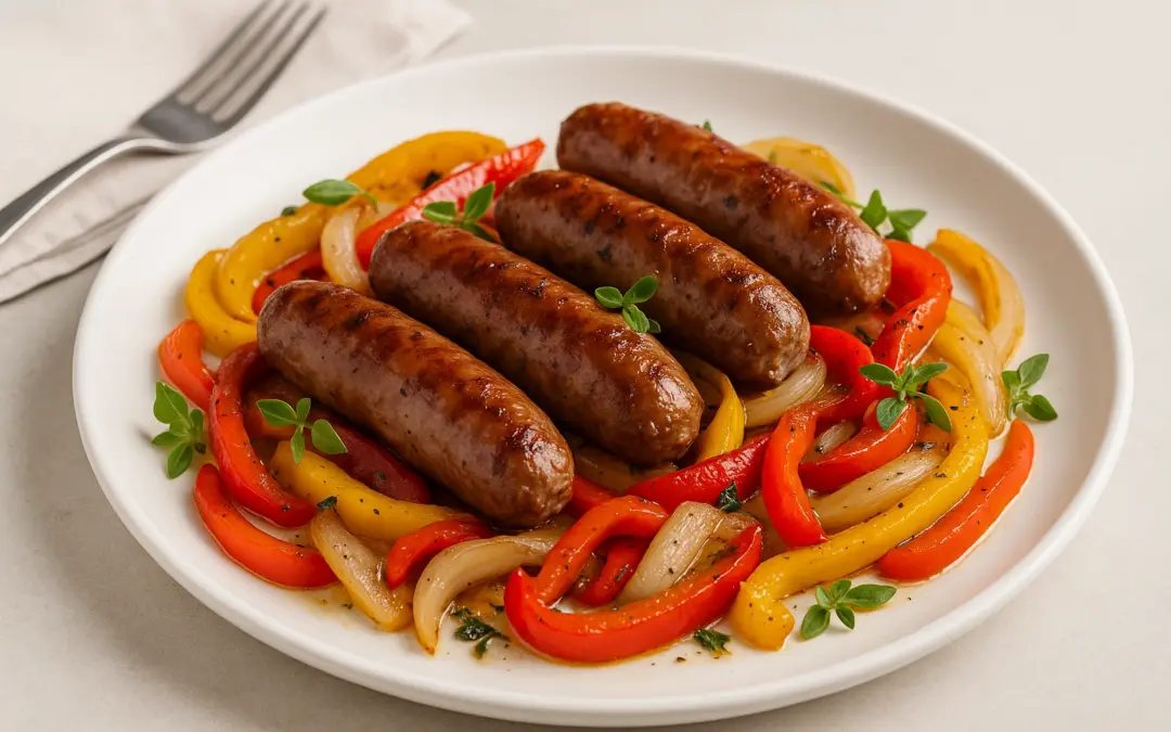 Italian sausages with roasted red and yellow peppers, onion and herbs, shown in Donzella Wines’ UK food and wine pairing guide for Salsiccia e Peperoni