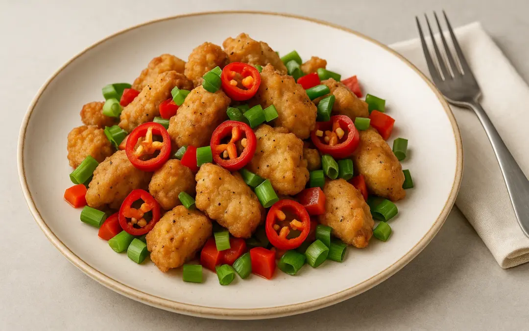 Crispy salt and pepper chicken with chillies, peppers and spring onions, shown in Donzella Wines’ UK guide explaining what wine goes with Salt and Pepper Chicken