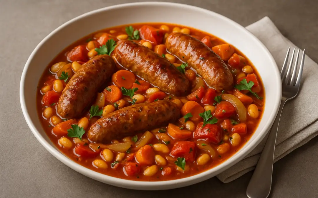 British sausage casserole with tomatoes, beans, vegetables and herbs, photographed for Donzella Wines’ UK Italian wine pairing guide to Sausage Casserole