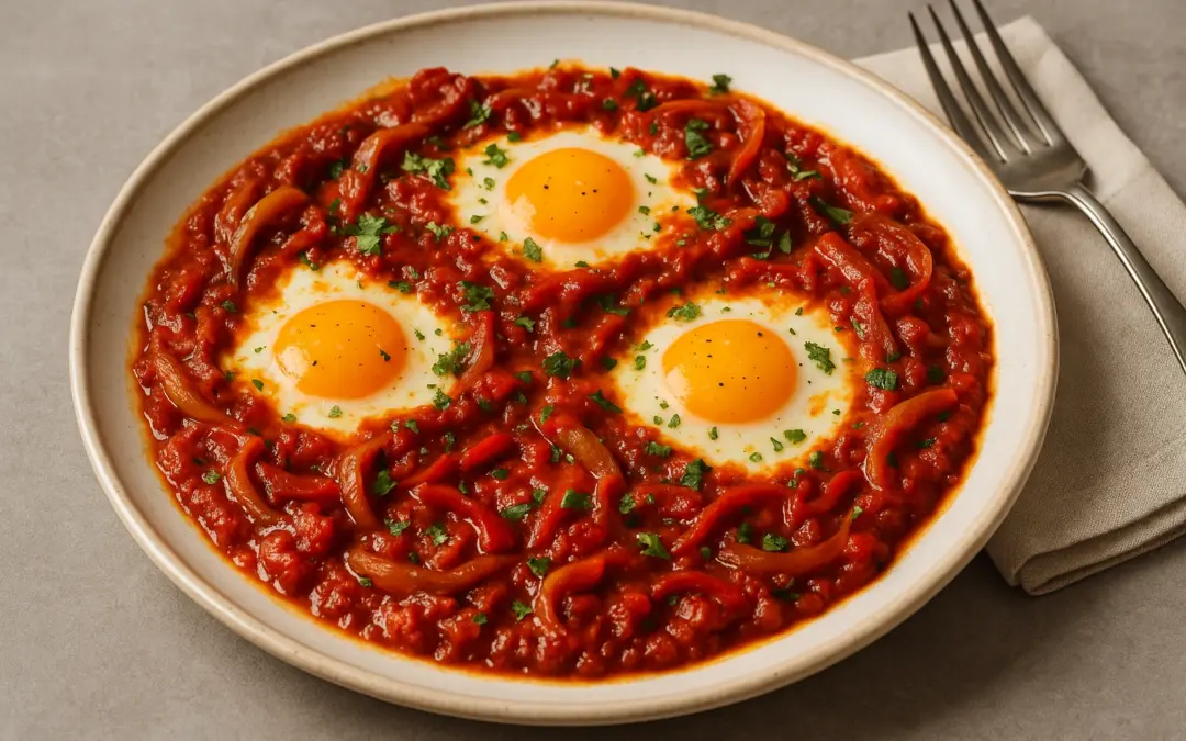 Shakshuka with eggs baked in spiced tomato and pepper sauce, shown in Donzella Wines’ UK guide to the best wine with Shakshuka