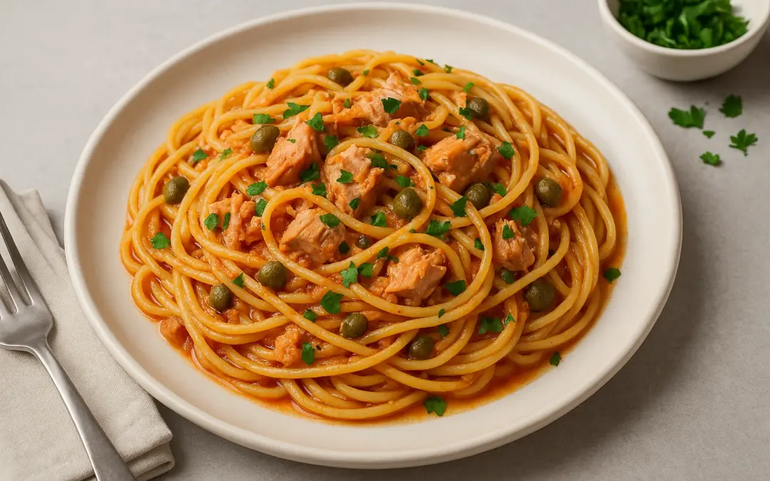 Spaghetti with tuna, capers, parsley and a light tomato sauce, shown in Donzella Wines’ UK food and wine pairing guide for Spaghetti al Tonno