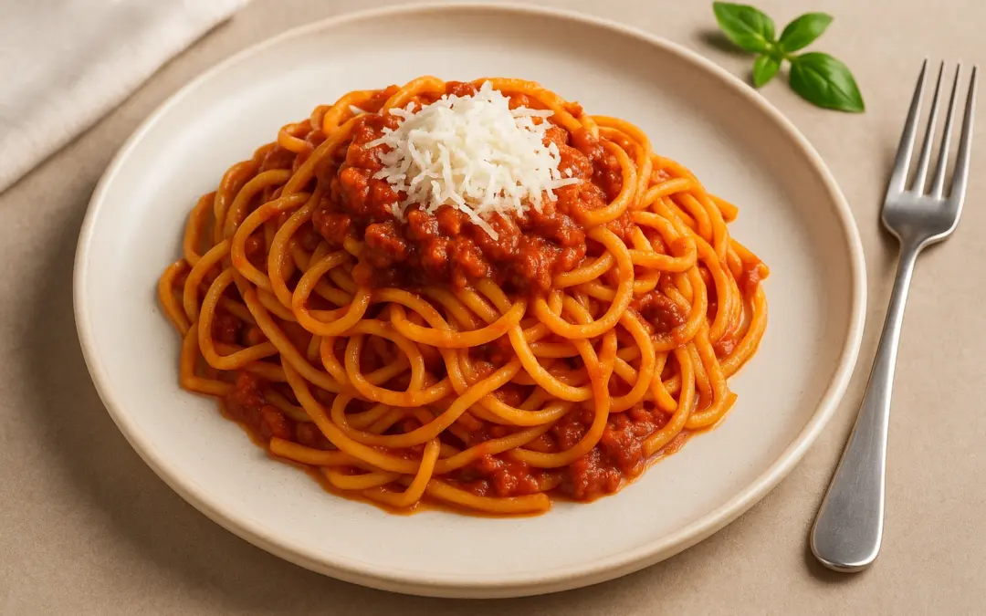 Square-cut spaghetti alla chitarra with tomato ragu and Pecorino, photographed for Donzella Wines’ UK Italian wine pairing guide to Spaghetti alla Chitarra