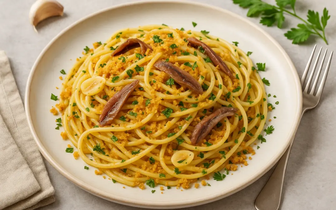 Spaghetti with anchovies, garlic, olive oil, parsley and toasted breadcrumbs, shown in Donzella Wines’ UK guide to the best wine with Spaghetti with Anchovies