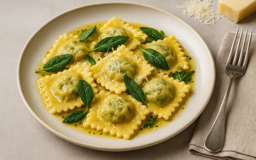 Spinach and ricotta ravioli with sage butter and Parmesan, photographed for Donzella Wines’ UK Italian wine pairing guide to Spinach and Ricotta Ravioli