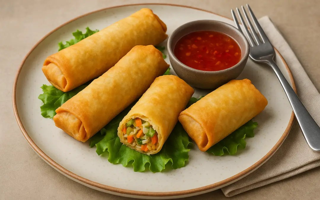 Golden crispy spring rolls with vegetable filling and sweet chilli dip, shown in Donzella Wines’ UK food and wine pairing guide for Spring Rolls