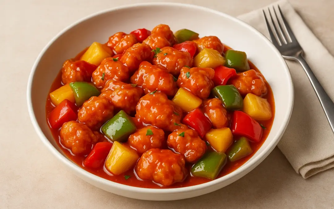 Crispy sweet and sour chicken with peppers, pineapple and glossy sauce, shown in Donzella Wines’ UK guide to the best wine with Sweet and Sour Chicken