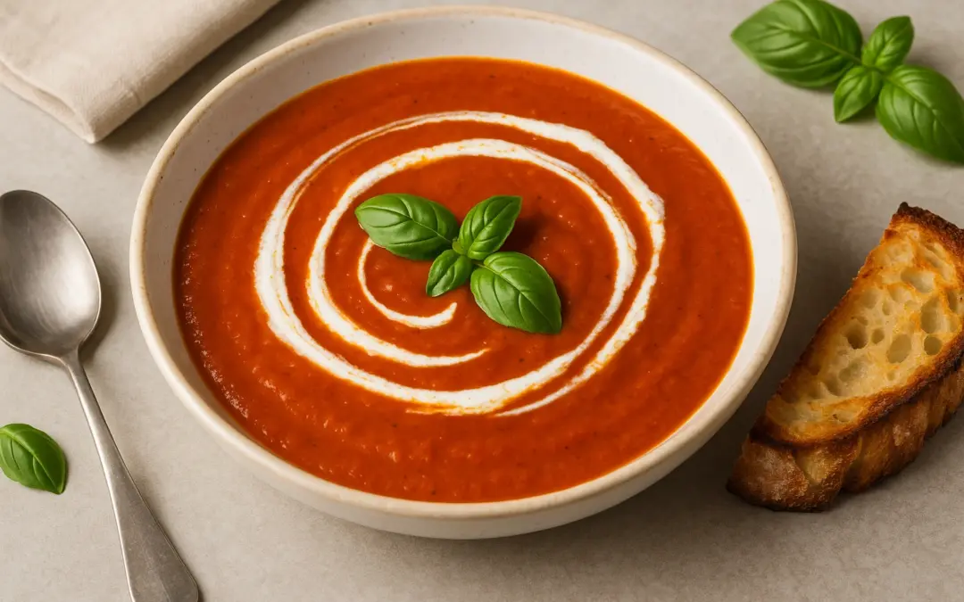 Bowl of tomato soup with basil, cream swirl and crusty bread, shown in Donzella Wines’ UK food and wine pairing guide for Tomato Soup